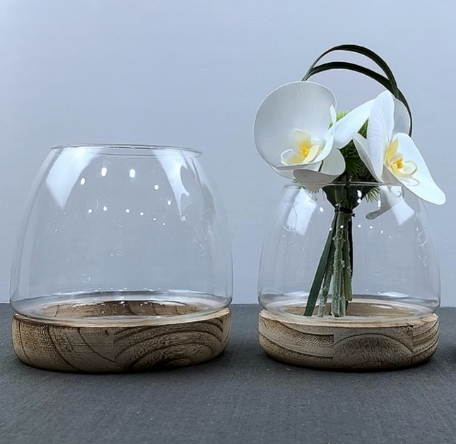 TERRA POTS Pollen Glass Jar w Wood Base (15cm Diameter)